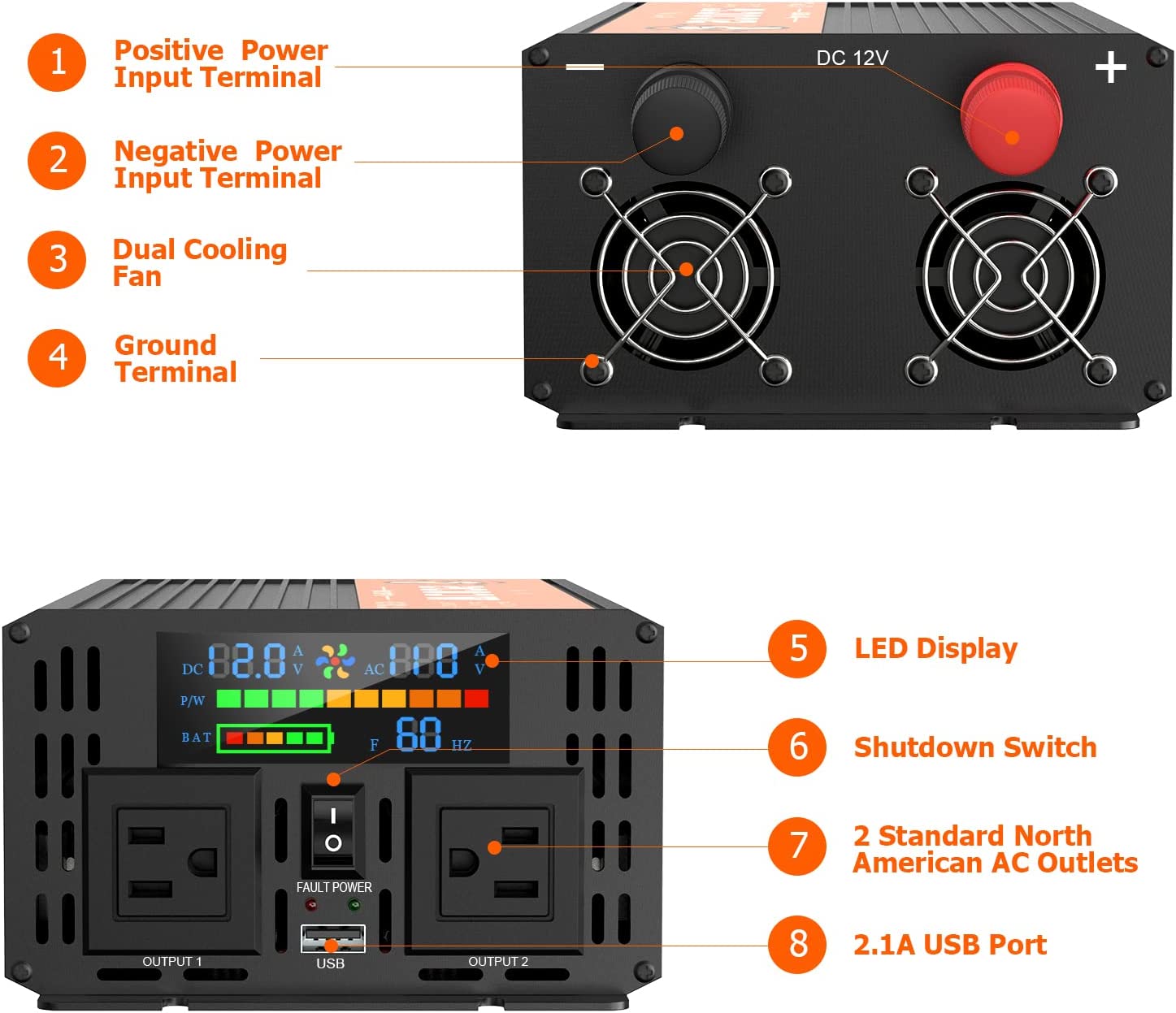 2000 Watt Power Inverter, Car/Outdoor 12V DC to 110V AC Converter, with LED Display, Dual AC Outlets, USB Port, Dual Smart Fans, Cables Included, Suitable for RV, Outdoor, Camping, Boat, Emergency