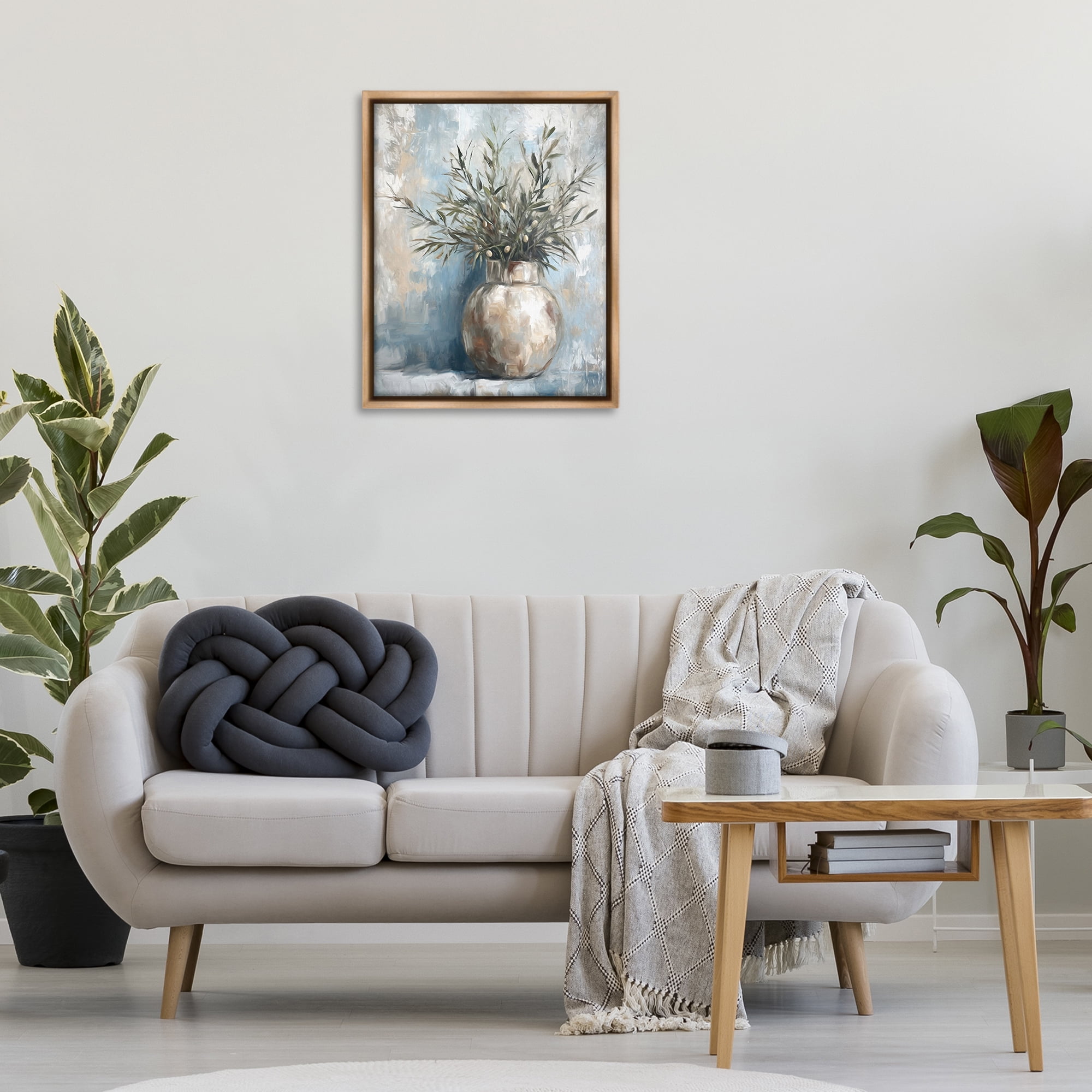 Stupell Industries Potted Olive Branches Botanical & Floral Painting Brown Floater Framed Canvas Art Print Wall Art, 25 x 31