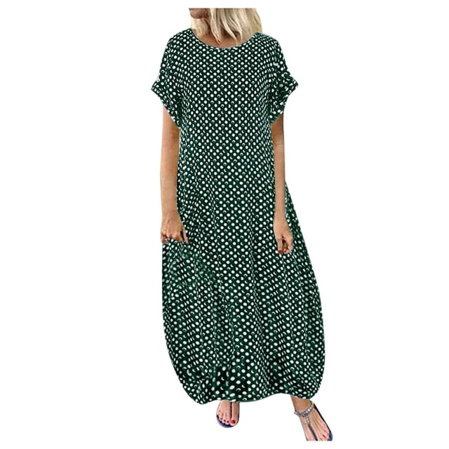 Kcodviy Robe Midi Décontractée à Pois pour Femmes, Imprimé, Manches Courtes, Col Rond, Robes d'Été pour Femmes, Travail Décontracté, Robe Maxi