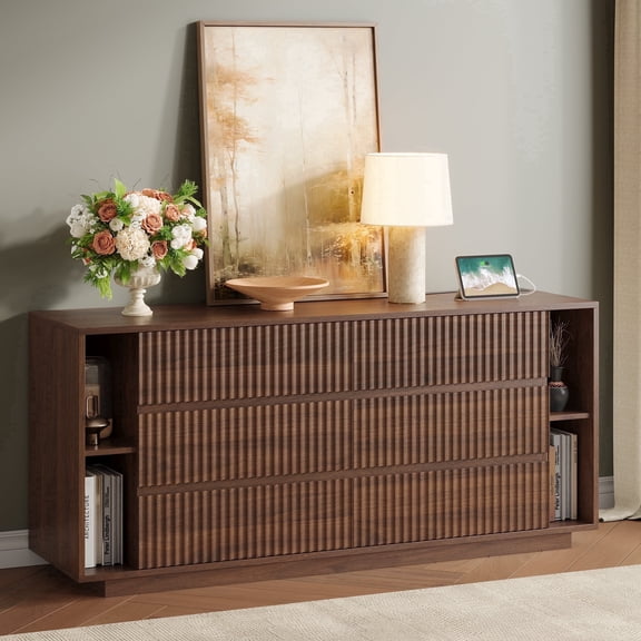 Fluted 6 Drawer Dresser with Shelves, 63'' Wide Bedroom Chest of Drawers, Walnut
