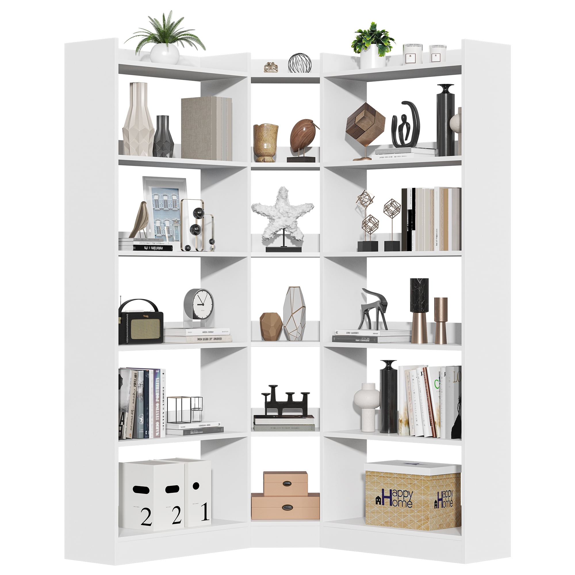 Triple Wide Corner Bookcase with 15 Cube, 6-Tire Bookshelf Display Storage Cabinet, Modern L-Shape Shelf Living Room Furniture for Home Office, White