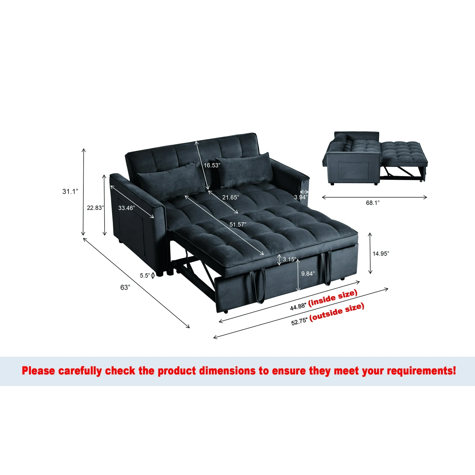 Gewnee 52.75 Inch 3 in 1 Convertible Sofa Bed,Velvet Pull Out Couch WITH Adjustable Backrest & Storage Pockets for Living Room,Apartment.Black