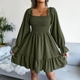thumbnail image 2 of Robe Courte à Volants Froncée pour Femme, Encolure Carrée, Manches Longues Bouffantes, Robes d'Automne Décontractées, Fluides, Mignonnes, Ligne A, Boho, Robe Courte, 2 of 6