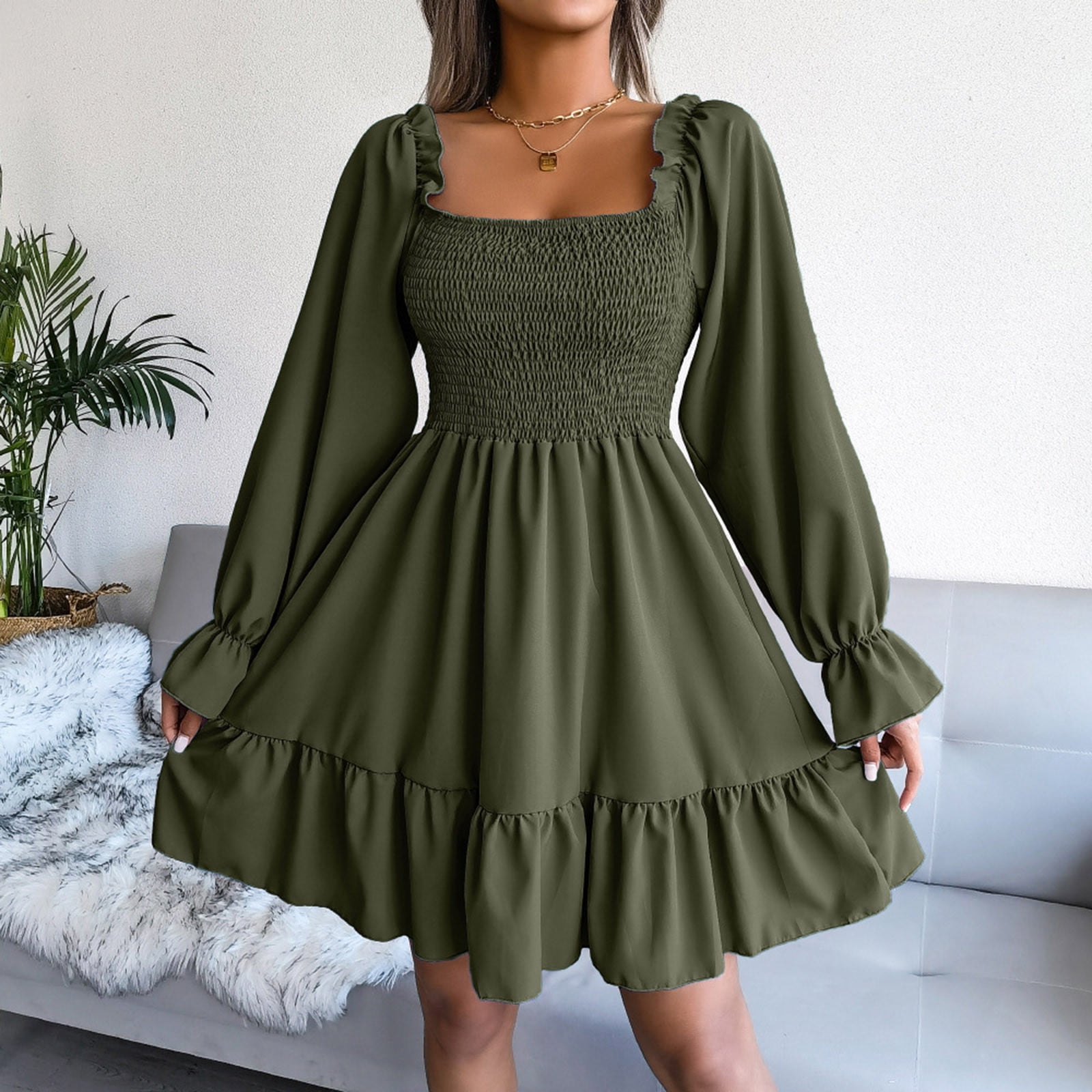 Women's Smocked Ruffle Mini Dress Square Neck Puff Long Sleeve Fall Dresses Casual Flowy Cute A Line Boho Mini Dress