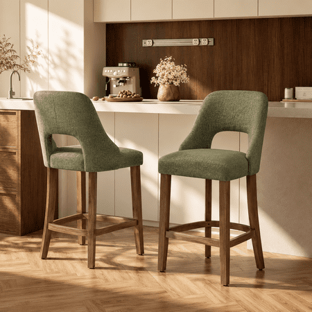 PAPROOS Bar Stools Set of 2, Upholstered Counter Height Bar Stools, Modern Counter Stools with Solid Wood Legs for Kitchen Island Dining Room Bar, Beige