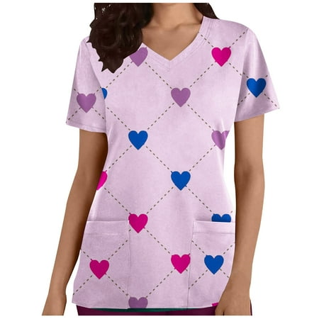 

CYMMPU Short Sleeve Scrub_Tops with Pockets Clearance Women s Trendy Summer Tunic Fashion Shirts V-Neck Working Uniform Nurse Valentine s Day Uniform Workwear Love Heart Printing Blue S