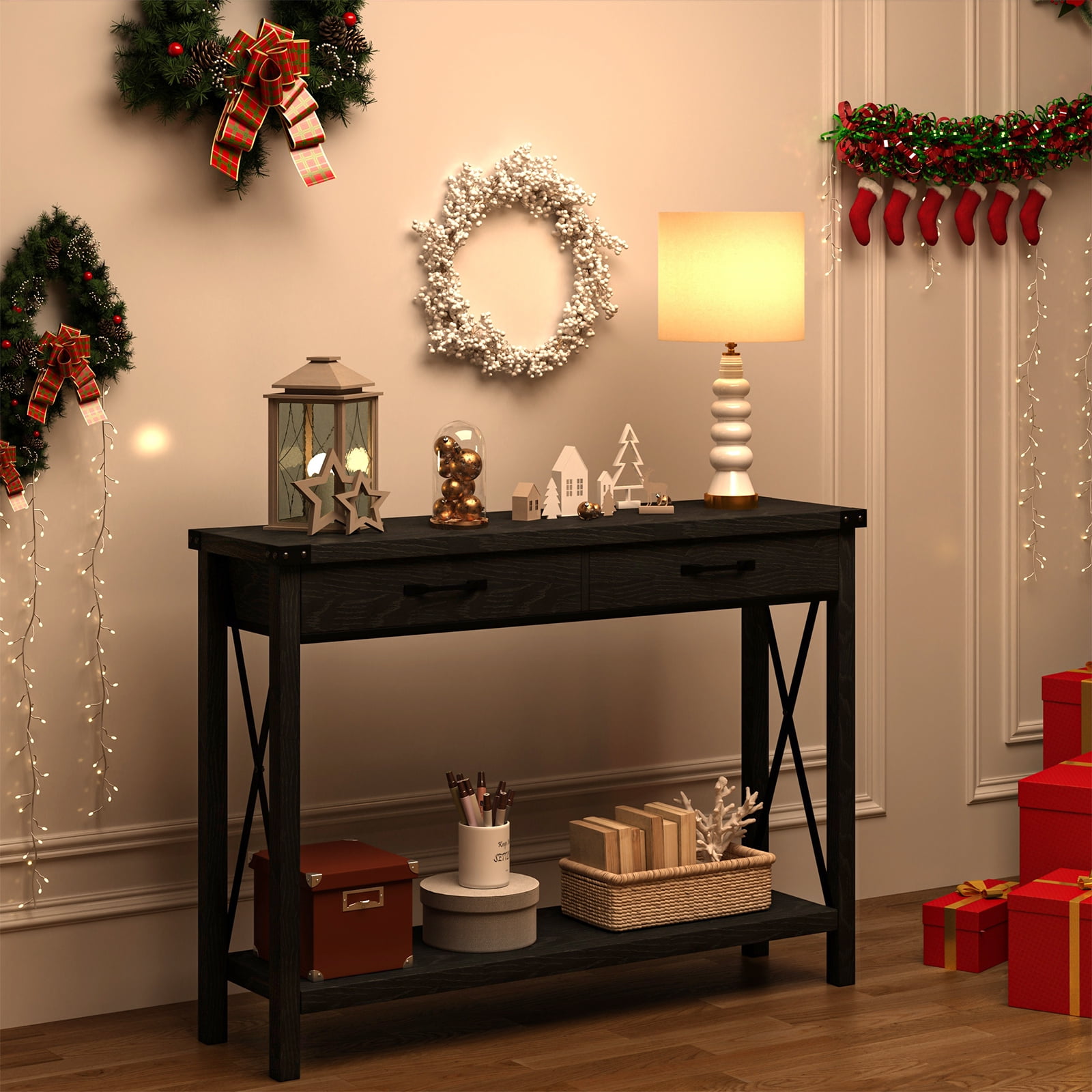 Console Table with 2 Drawers, Farmhouse Entryway Table with Storage Shelf, Accent Wood Sofa Table for Living Room, Hallway, Foyer - Black