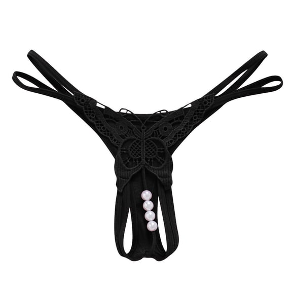Soft Comfy Pearl Embellished Trendy Lace Sexy Briefs Thongs for Women Black One Size