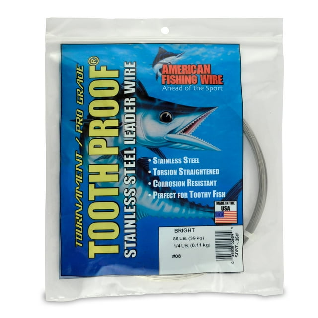 AFW #8 Tooth Proof Stainless Steel Single Strand Leader Wire, 86 lb Test, Bright, 231.25ft