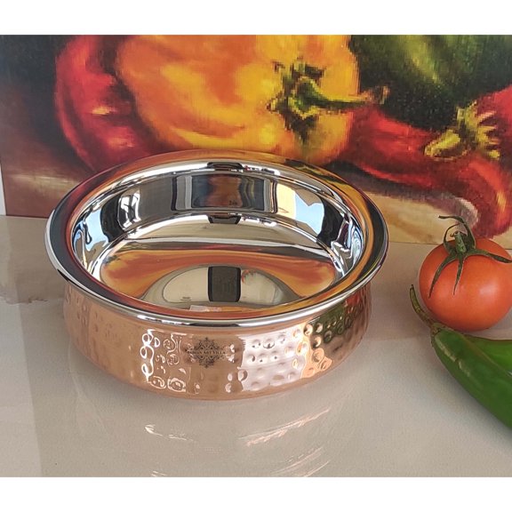 Indian Art Villa Steel Copper Hammered Handi, 7.8 Inches - 46 Oz Capacity, Serveware and Tableware