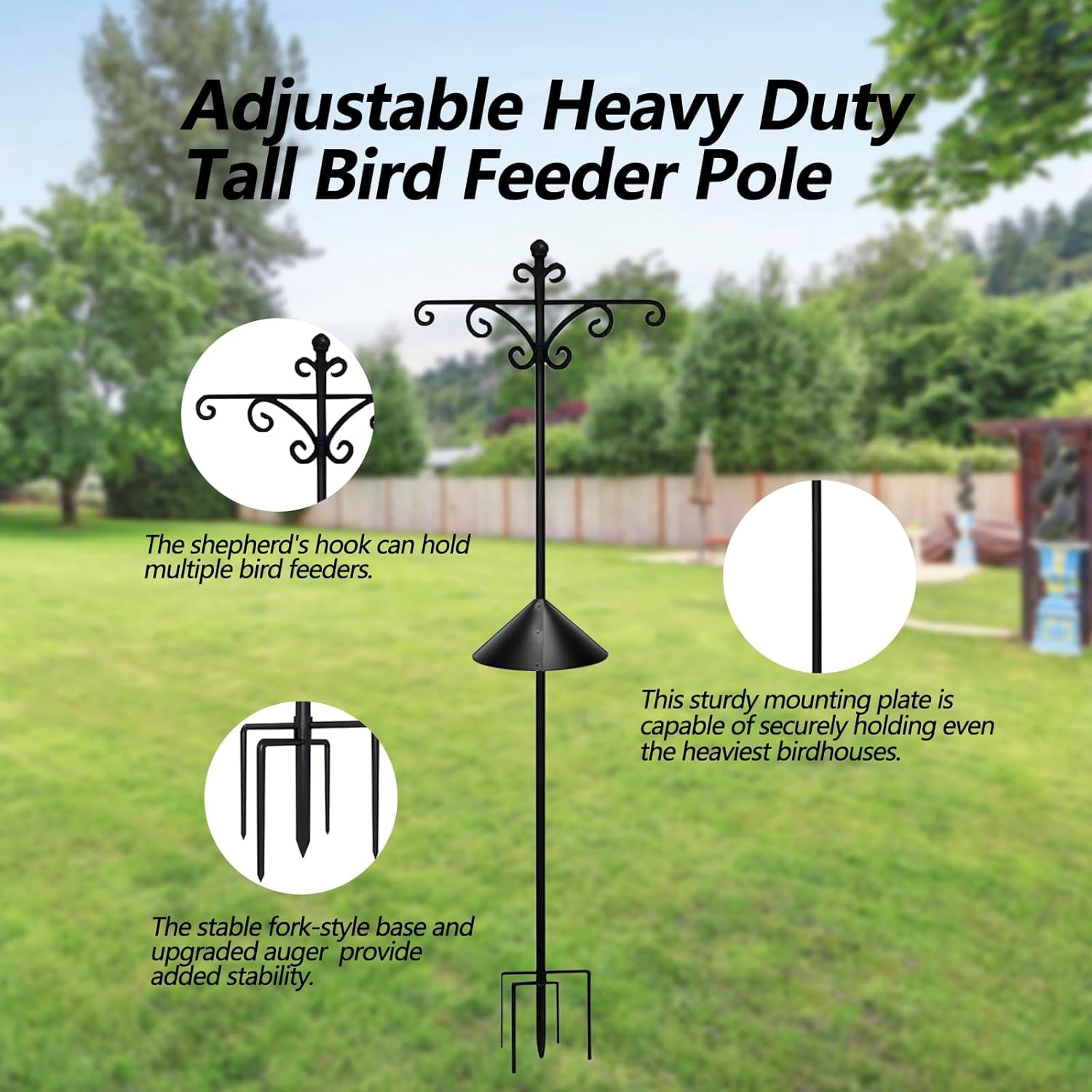 92Inch Shepherds Hooks for Outdoor with Squirrel Baffles – 6 Adjustable Hooks, 5 Prongs Base – Tall Bird Feeder Pole & Garden Stand for Hanging Plants, Lanterns, Hummingbird Feeders (black, 92inch)