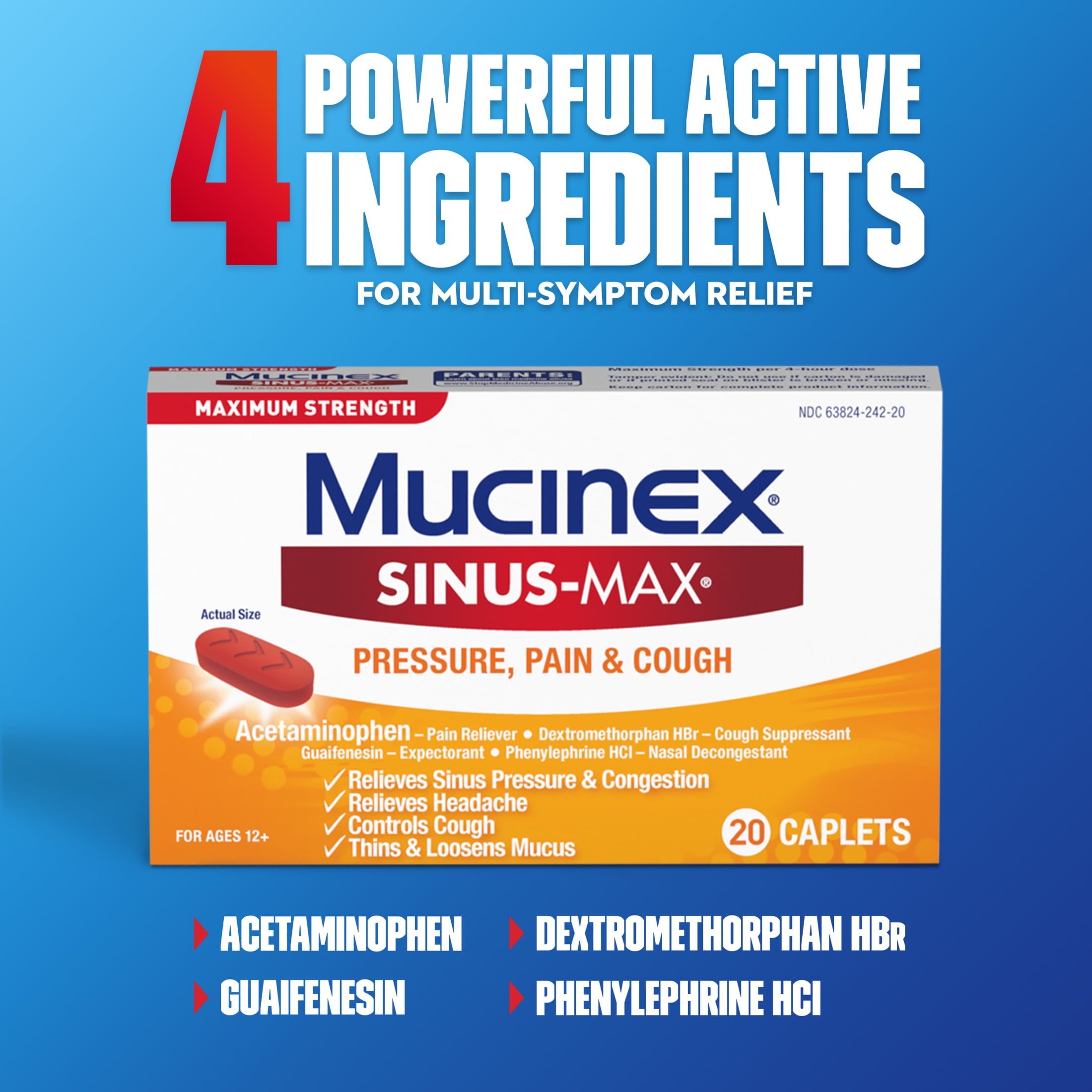 Mucinex Sinus-Max Pressure, Pain & Cough Medicine, OTC Headache Relief, 20 Caplets