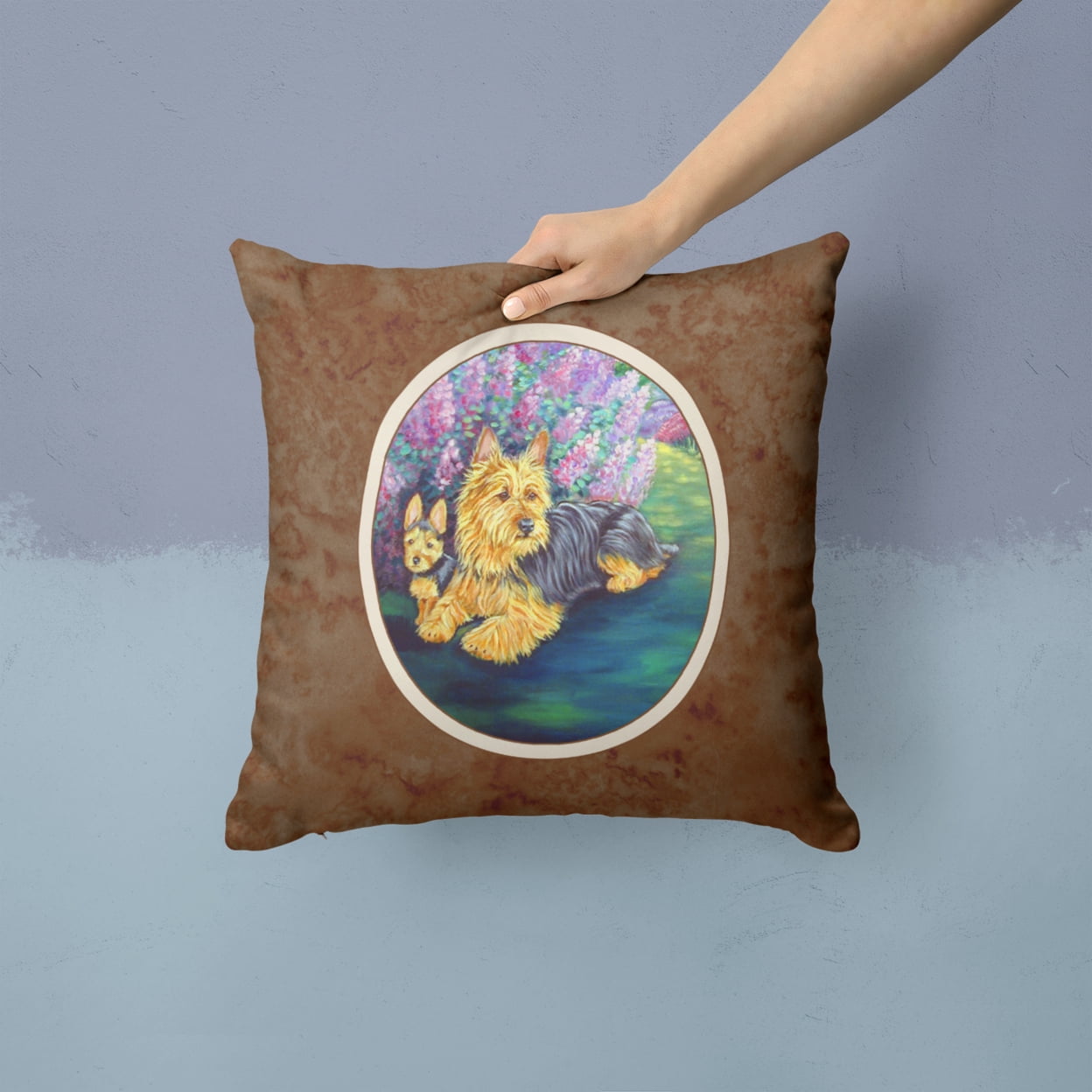 Carolines Treasures 7209PW1414 Australian Terrier and Puppy Fabric Decorative Pillow 14Hx14W multicolor