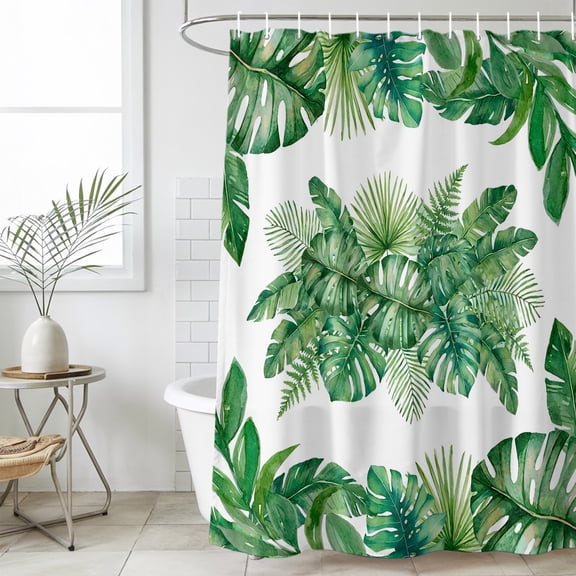 Bathroom Shower Curtain Summer Monstera Palm Leaf Waterproof Shower Curtains with Hooks, Green Tropical Plants Bath Curtains Bathtub Curtain Home Decor 36x72in