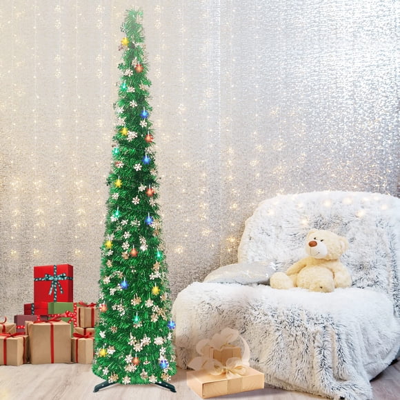 Árbol de Navidad con forma de rosa, plegable, 5 pies, con luces y lentejuelas