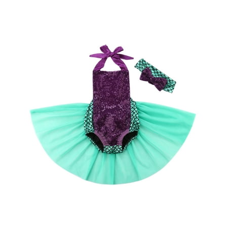 

2PCS Sequin Baby Girls Mermaid Tulle Romper Bodysuit Headband Sunsuit Outfits Clothes