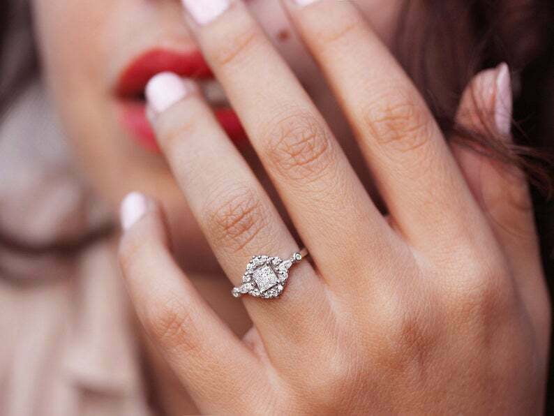 HeartsAndYou 1.5ct Princess Cut Moissanite Engagement Ring for Women Halo Cluster 18k White Gold Over Silver