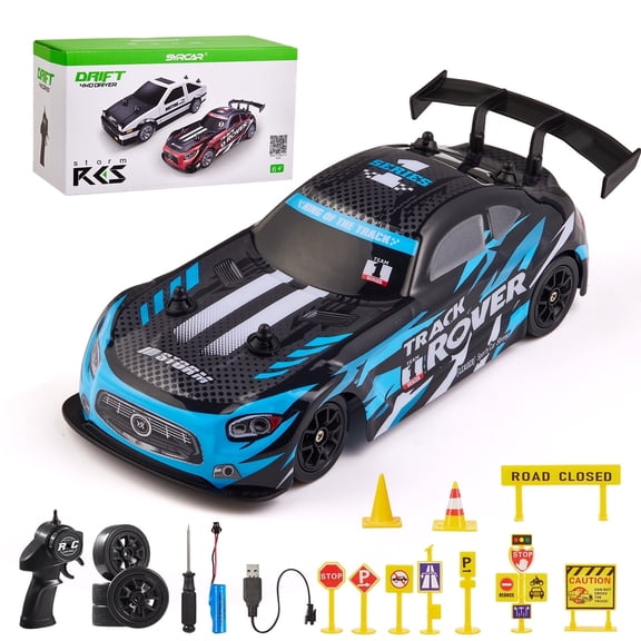 Lilian&Gema 1:24 Scale RC Drift Car, 4WD Remote Control Car for Kids Adults, 20KM/H High Speed Racing Vehicle with 2 Batteries, Racing Sport Toy for Boys Girls, Blue