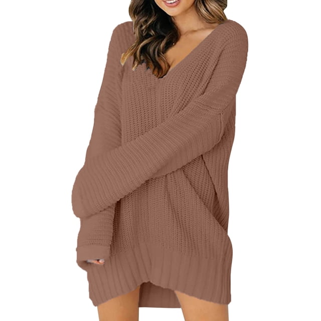 Prolriy Robes Chandail pour Femmes 2025 Tendance Femmes Dames Robe Ample Col en V Mi-Longue Chandail en Tricot Robe Chandail Femme Rose TG