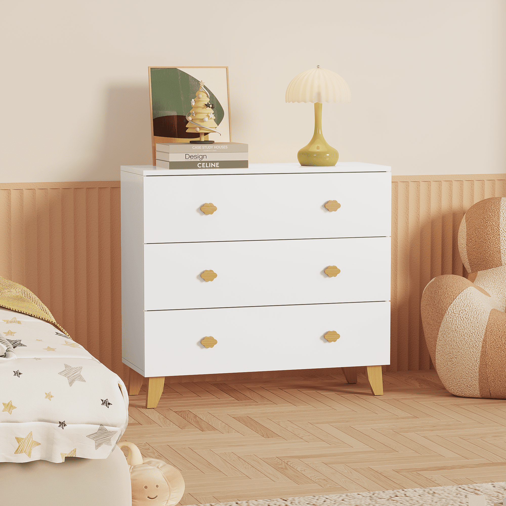 HOQBN 3 Drawer Dresser for Bedroom,Wooden Chest of Drawers Storage Cabinet for Kids Room,Nursery,Living Room,White