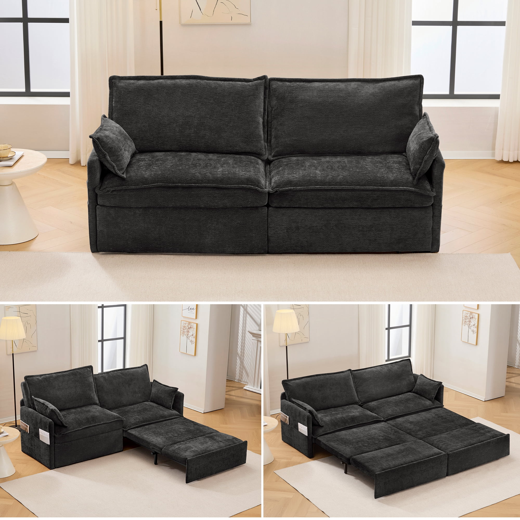 73.6'' Pull Out Sofa Bed, 3 in 1 Convertible Sleeper Loveseat Sofa, Pull Out Couch with USB Charging, Side Pockets for Living Room, Apartment, Small Spaces (Chenille, Black)