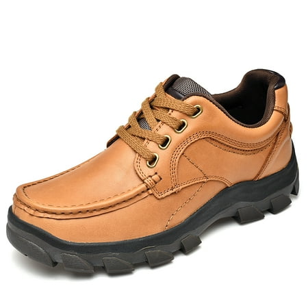 

Genuine Leather Casual Shoes for Men Flat Platform Hiking Shoes Outdoor Breathable Sneakers Handmade Non-Slip Men Shoes (Light Brown 38)