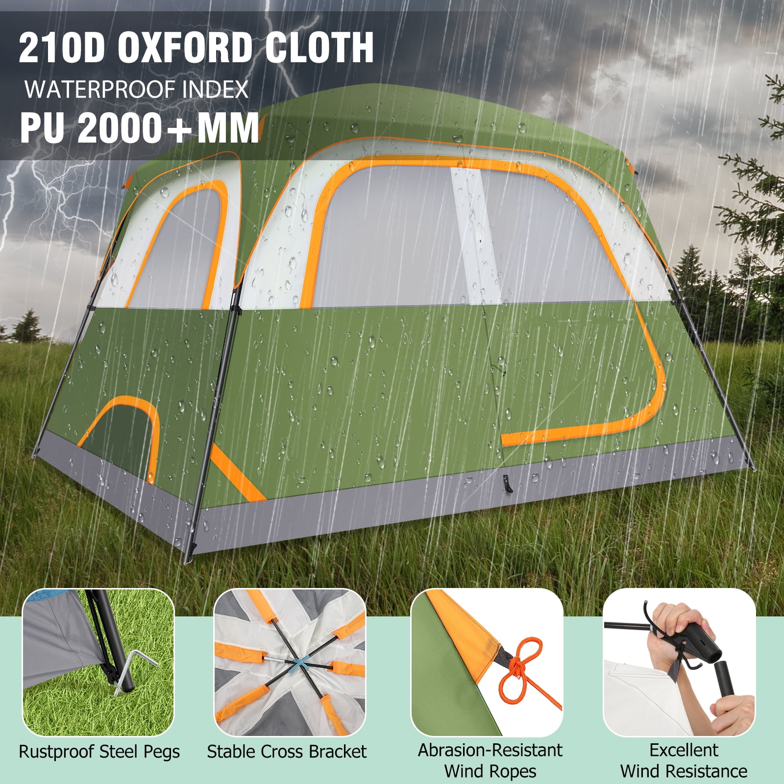 COBIZI 6 Person Tent for Camping with Waterproof Rainfly,EZ Set up Tent Windproof Instant Family Cabin Camping Tent with Mesh Door & Ventilation Windows for Beach Camping Hiking Backpacking,Green