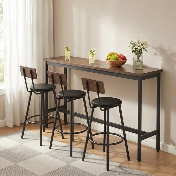 Long Bar Table Set with 3 PU Upholstered Bar Stools, Industrial Tall Dining Set with Backrest Stools for Kitchen, Living Room, Pub, Small Space, Brown