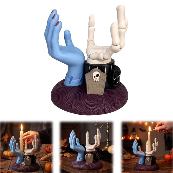 Jack Sally Hand Candle Holder,Spooky Pair Resin Tealight Holder Gothic Halloween Tabletop Mantel Home Party Decoration