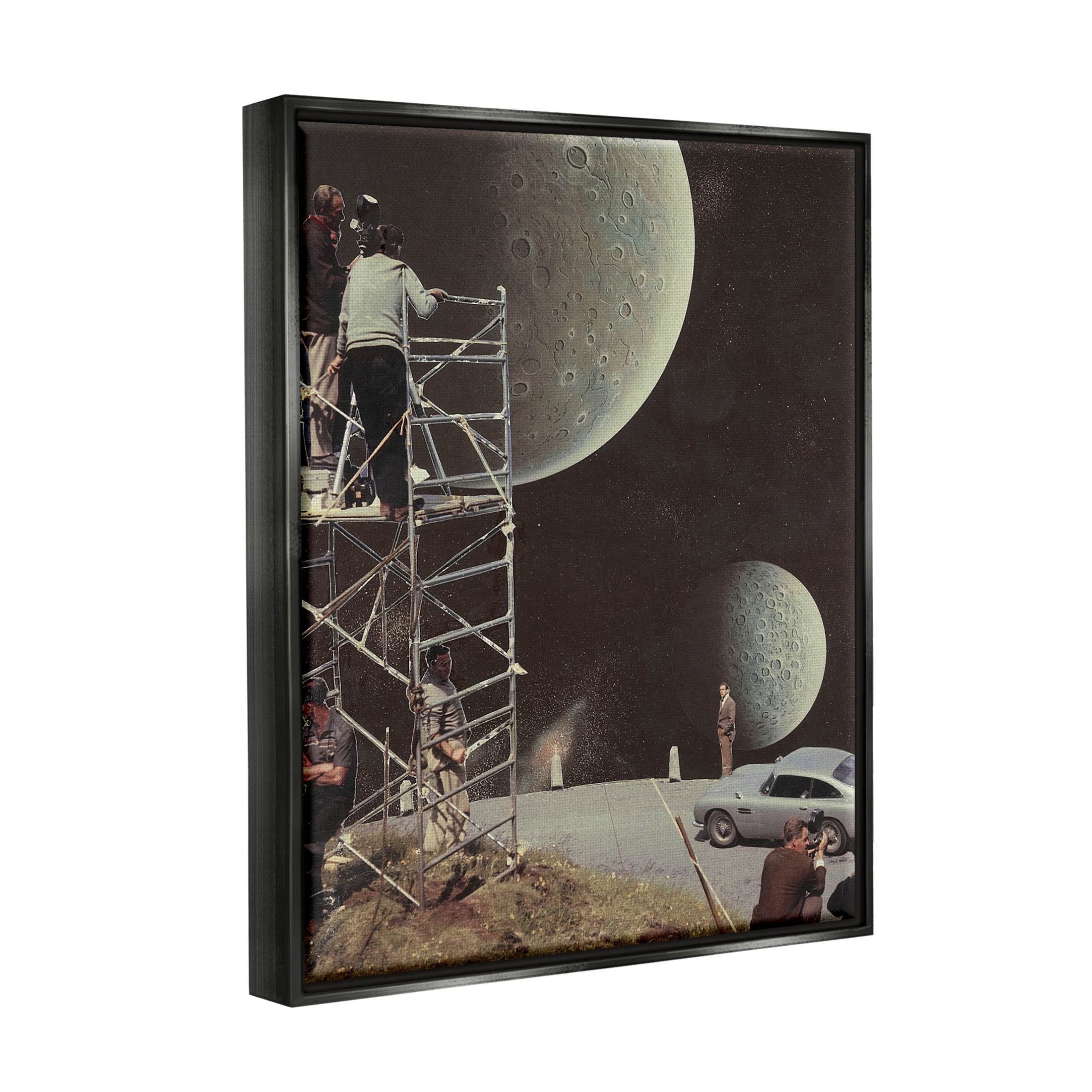 Stupell Industries Two Moons Vintage Film Set Galaxy Graphic Art Jet Black Floating Framed Canvas Print Wall Art, Design by Matheus Lopes Castro