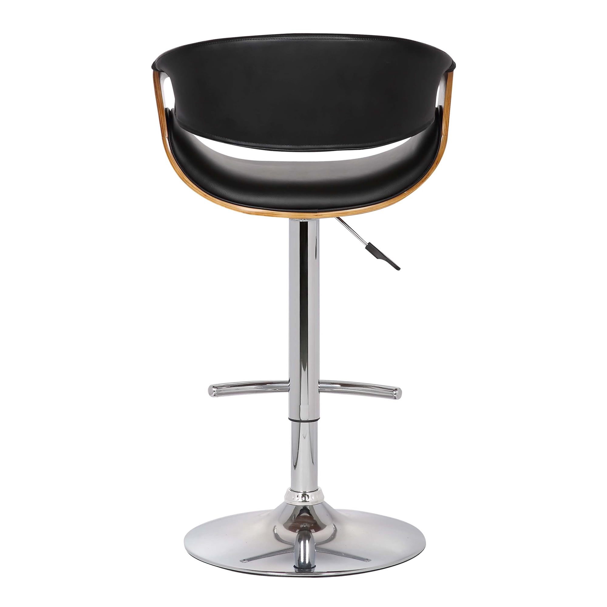 Armen Living Indoor Butterfly Adjustable Height Swivel Black Faux Leather and Walnut Wood Bar Stool with Chrome Base