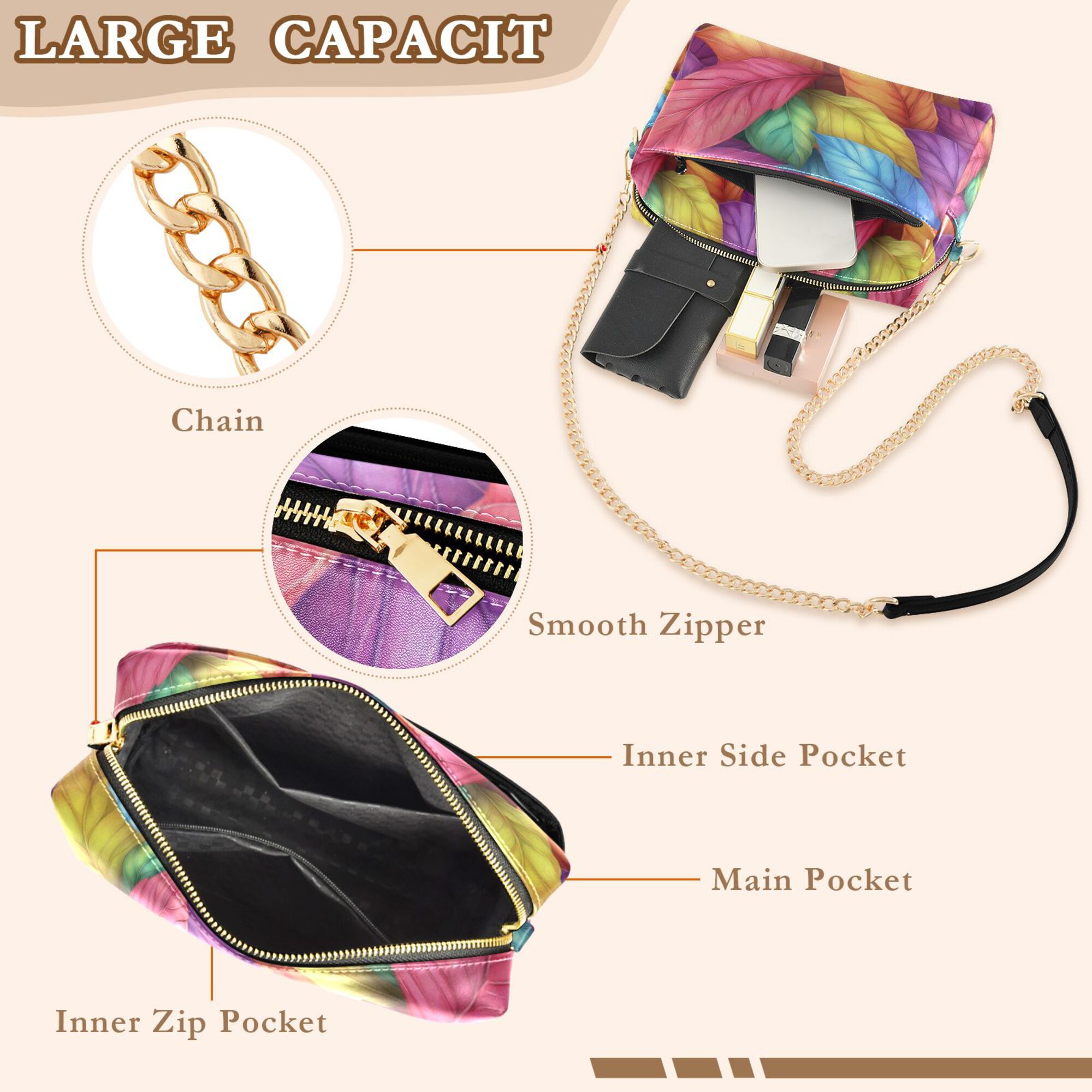 FORMRS Women Crossbody Purse with Chain Strap Vegan Leather Shoulder Handbag, Vibrant Leaves Pattern