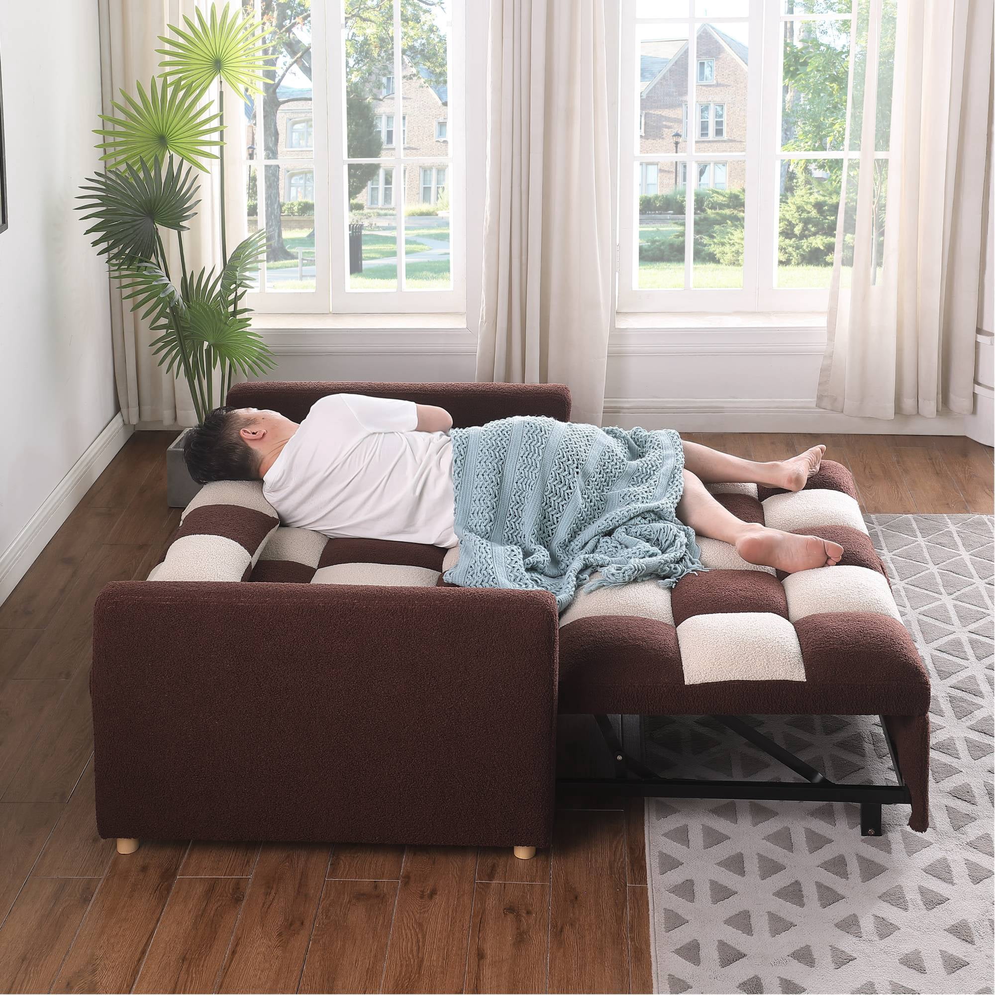 3 in 1 Convertible Pull Out Sofa Bed, Teddy Sleeper Sofa Couch with Adjustable Backrest, Loveseat with Pull Out Bed for Living Room, Red