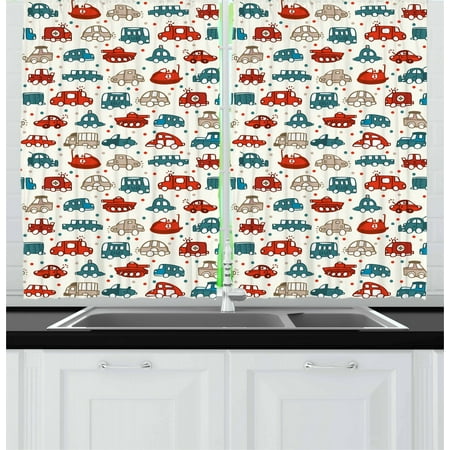 Play Curtain Cars Curtains 2 Panels Set, Cheerful Baby Boy Play Things in Kids Doodle Style with Many Different Vehicles, Window Drapes for Living Room Bedroom, 55W X 39L Inches, Teal Scarlet Tan, by Ambesonne ()