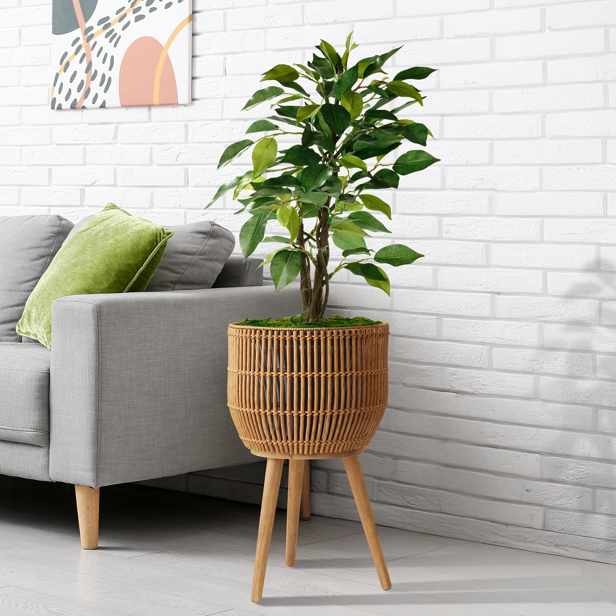 Casafield Floor Planter with Wood Legs in Natural, Planter Basket with Stand, Large Plant Pot Cover with Liner