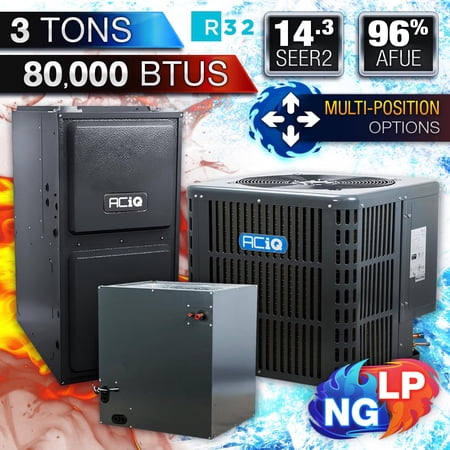 ACiQ 3 Ton 14.5 SEER2 Central Air Conditioner with Coil (21 Width) & 80K BTU 96% Liquid Propane Furnace Split System | Downflow/Horizontal R32 Single Stage HVAC Unit