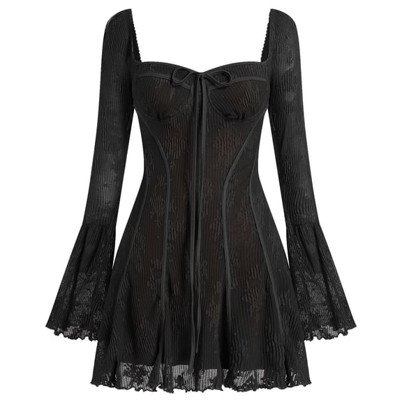 IBTOM CASTLE Women's Short Corset Y2k Mini Dress Long Sleeve Low Cut Lace Dress Vintage Solid Floral Party Dresses M Black