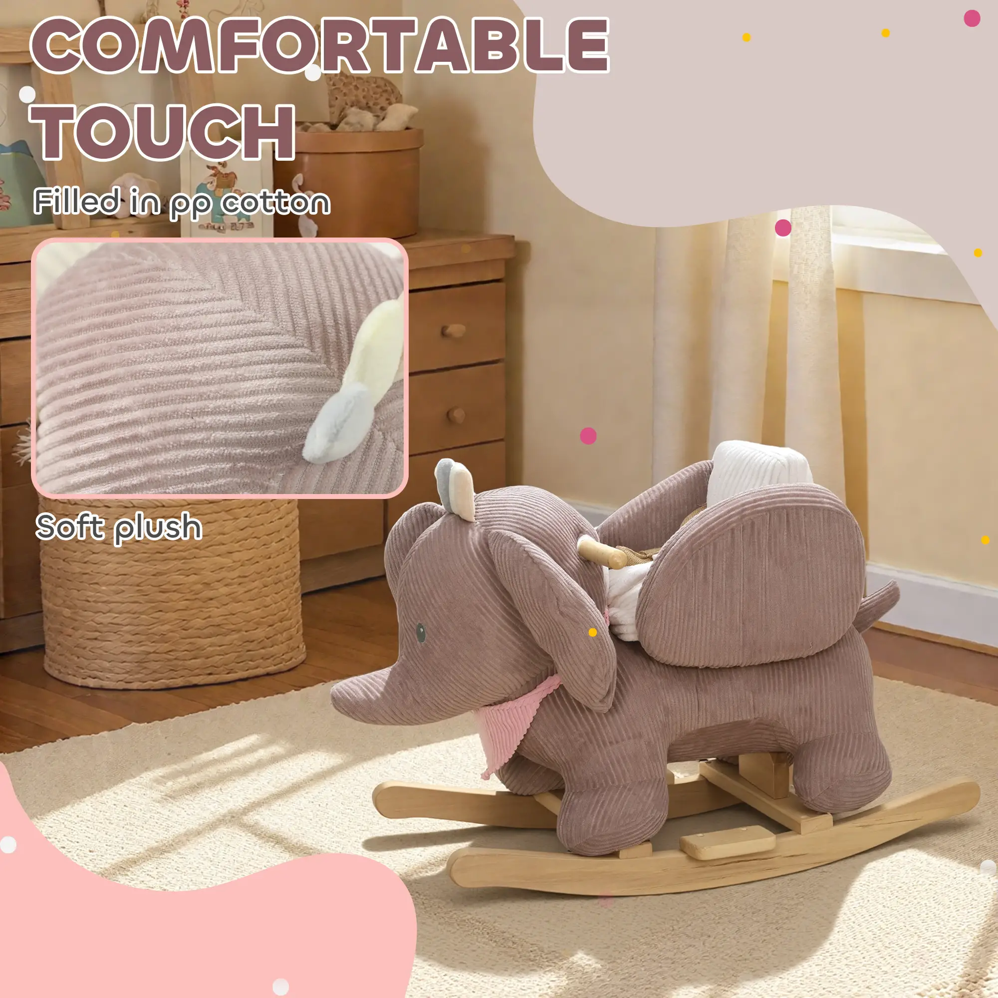 Kid's Plush Elephant Rocking Horse, Brown with Lullaby 3-Point Safety Belt, Solid Wood Base Steel Frame 55 lbs Capacity for 12+ Months 18-36 Months Toddlers