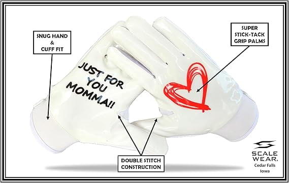 Just for You Momma Football Receiver Gloves - Black White Battle College Lineman Football Gloves Adult Youth Men’s Small to XXL Sizes Money (White, Youth - XS)