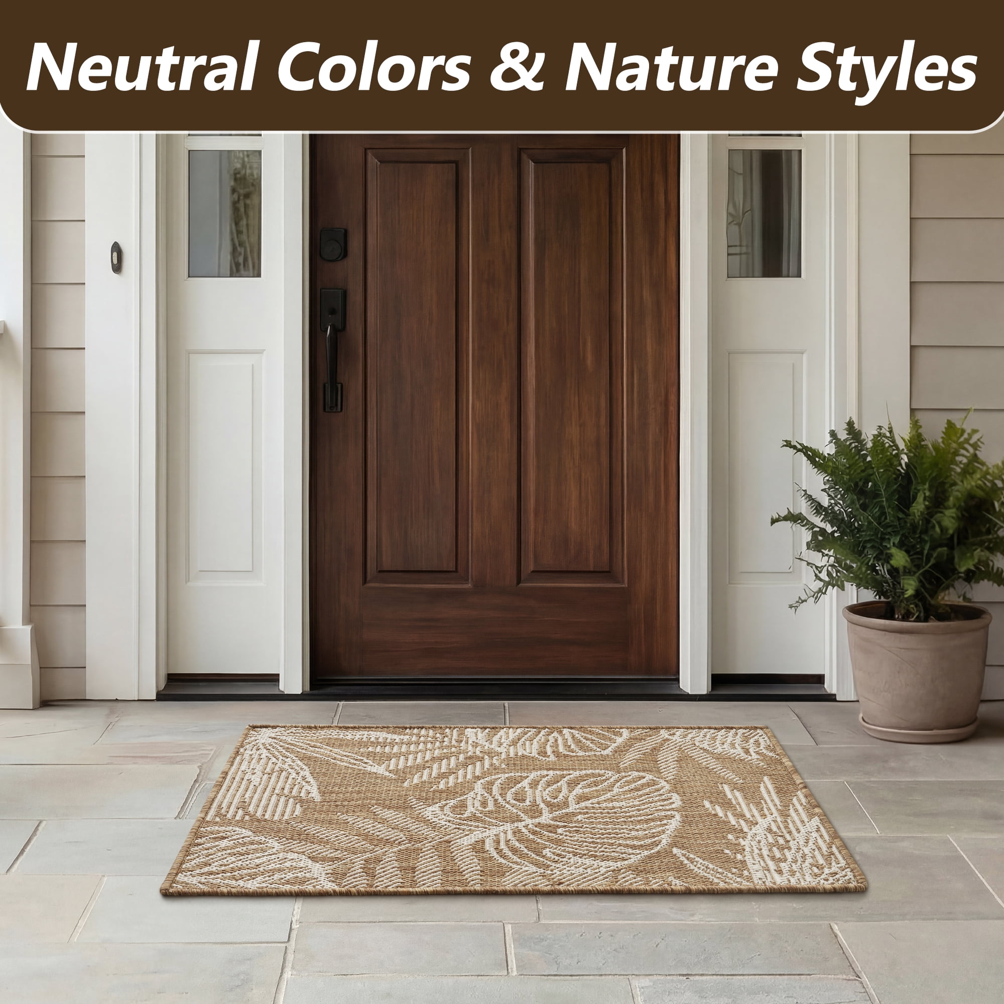 SIXHOME Outdoor Mat 2'x3' Front Door Mat Tropical Indoor Entryway Doormat Polypropylene Washable Non Shedding, Easy Clean, Waterproof, Durable Outdoor Doormat Neutral Brown