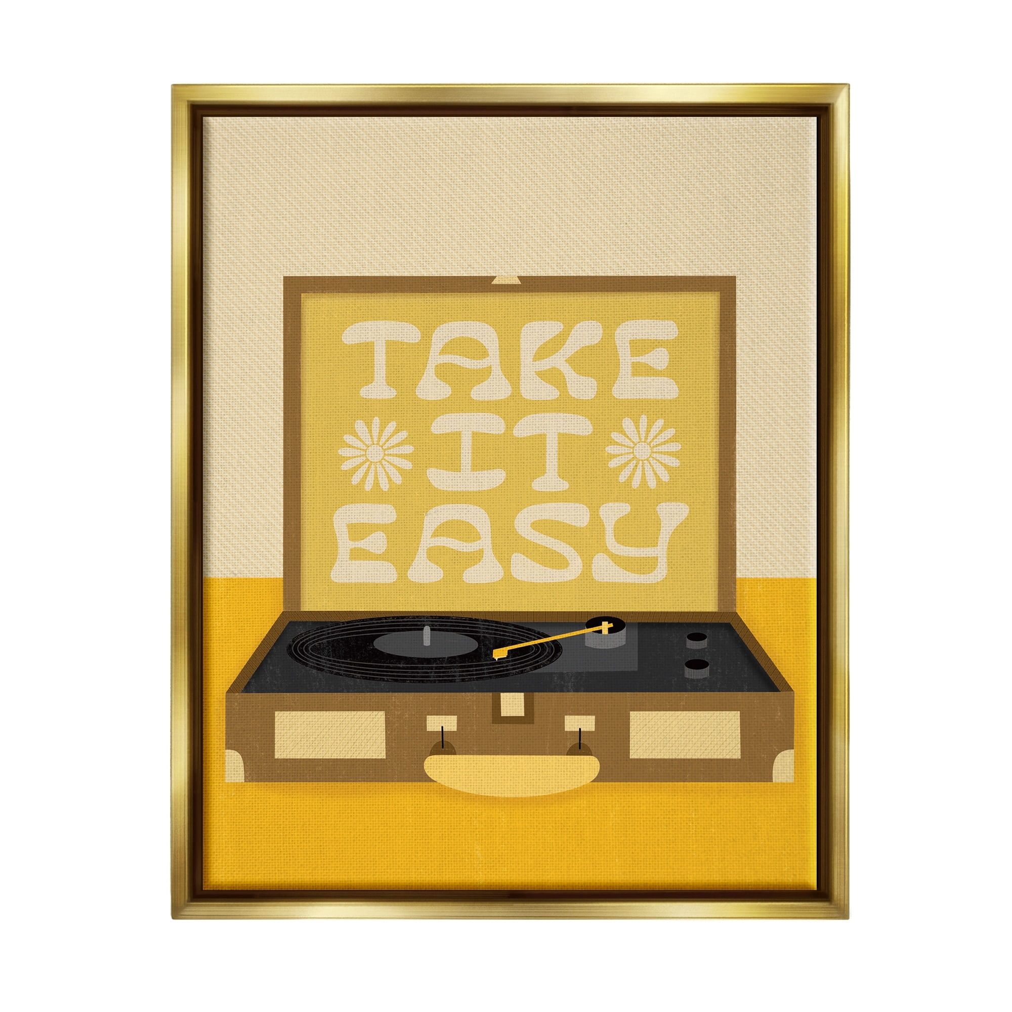 Stupell Industries Take it Easy Motivational Vintage Boho Record Player Metallic Gold Framed Floating Canvas Wall Art, 24x30, by Jaylnn Heerdt
