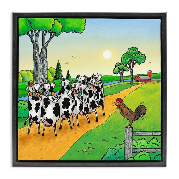 Stupell Industries Funny Cows Come Home Animals Painting Black Floater Framed Canvas Art Print Wall Art, 18 x 18