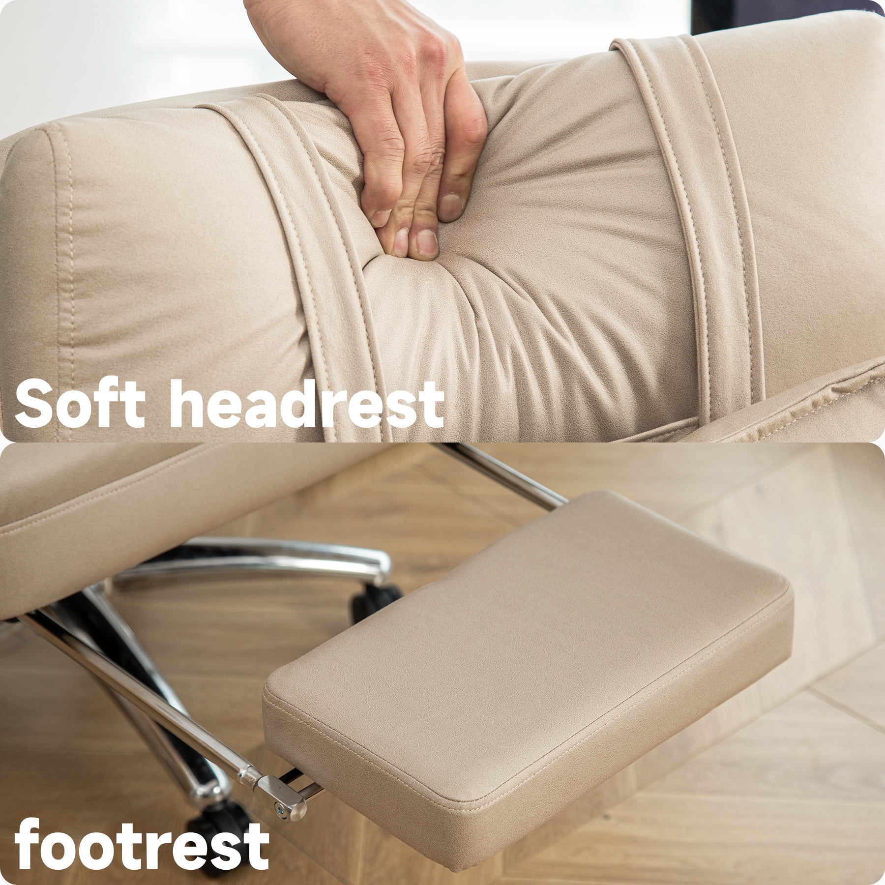 Aukfa Swivel Ergonomic Office Chair with Lumbar Support Headrest,155° Reclining Chair, Beige