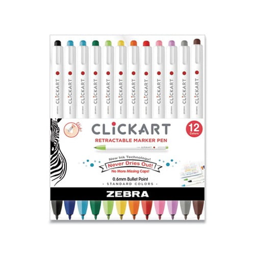 ClickArt Retractable Marker Pen Fine 0.6 mm, Assorted Ink, White Barrel, 12/Pack