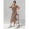 thumbnail image 3 of Coffee Brown Striped Knit Short Sleeve Midi Dress With Side Slit Casual Summer Style, 3 of 5