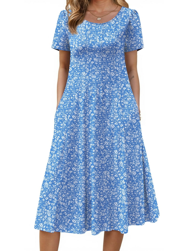 Fantaslook Summer Dresses for Women, Short Sleeve Pleated Flowy Floral Midi  Sundress with Pockets - Walmart.com