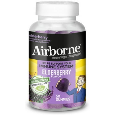 Airborne Elderberry Zinc & Vitamin C Gummies For Adults, Immune Support Zinc Gummies with Powerful Antioxidants Vit C D & E - (50 count bottle), Delicious Elderberry Flavor, Gummy (Pack of 2)