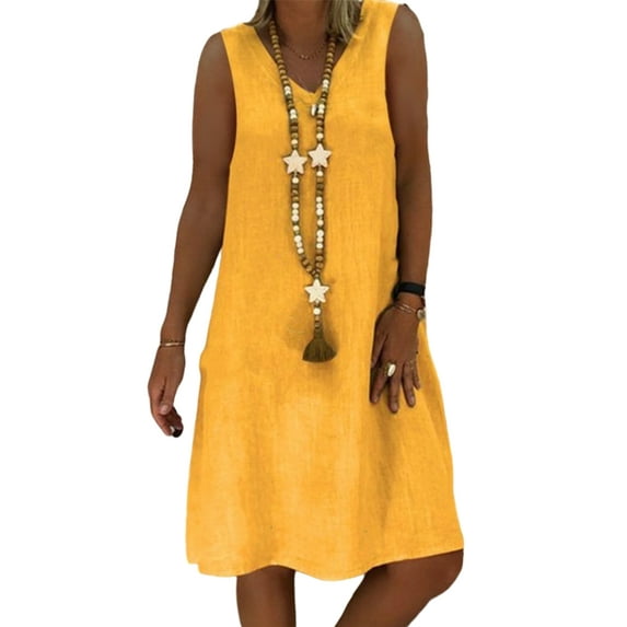 Avamo Ladies Loose Plain Cotton Linen Tank Dresses Summer Sleeveless A-Line Casual Sundress Summer Linen Tunic Mini Dress