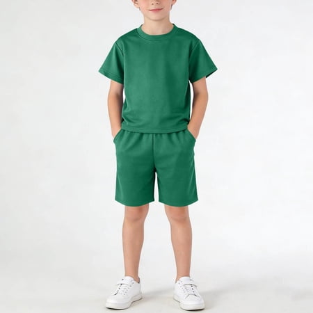 RKSTN Girls Athletic Sets Boys Crew Short Sleeve Quickly Dry T Shirt with Shorts Sports Set(Green 7-8 Years)