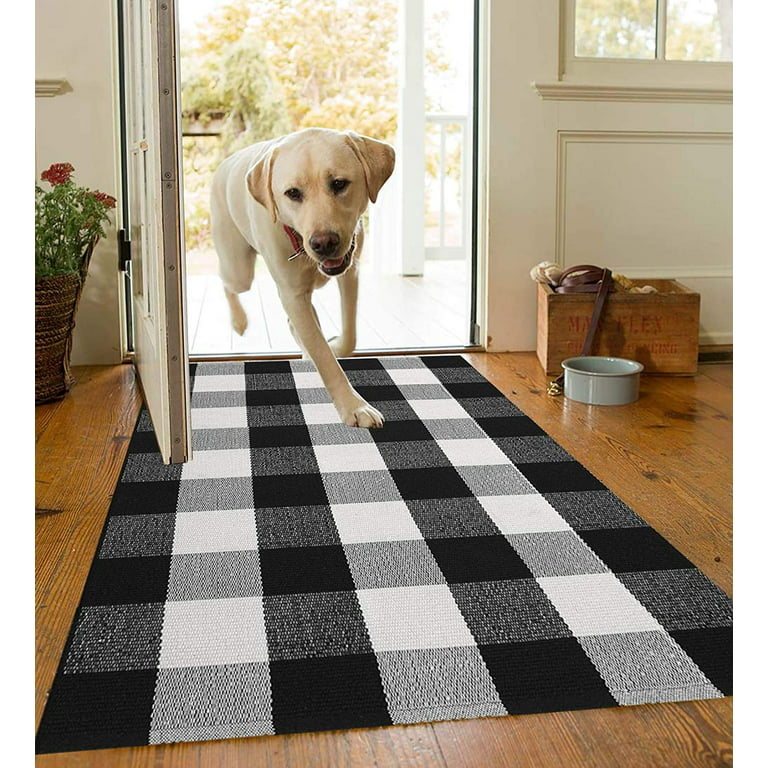 Buffalo Plaid Doormat, Black And White Hand Woven Checked Rugs
